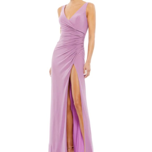 MAC DUGGAL 26513 RUCHED STRETCH JERSEY V-NECK THIGH SLIT LILLAC GOWN sz 0 - Picture 1 of 7